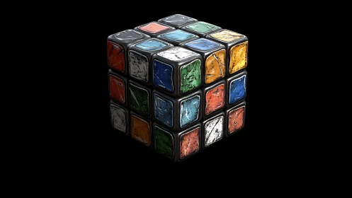 Weathered multicolor puzzle cube with metallic beveled edges
