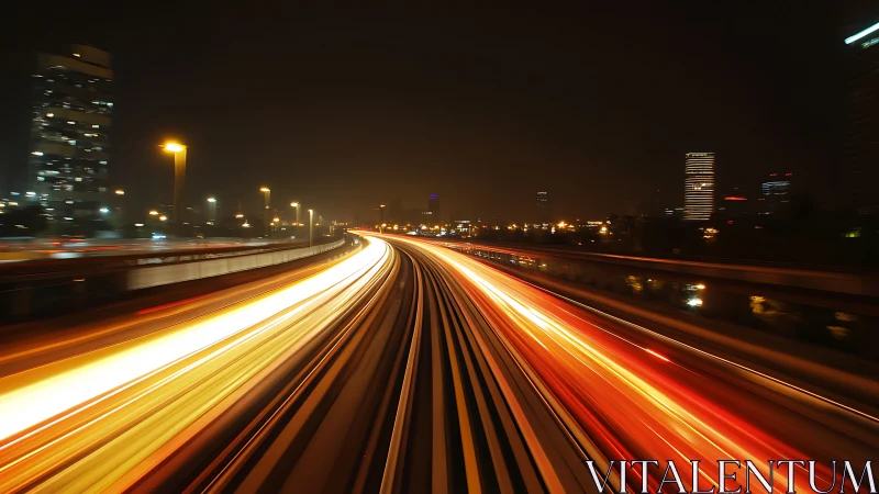 Long-exposure nocturnal traffic vectors across urban corridor.