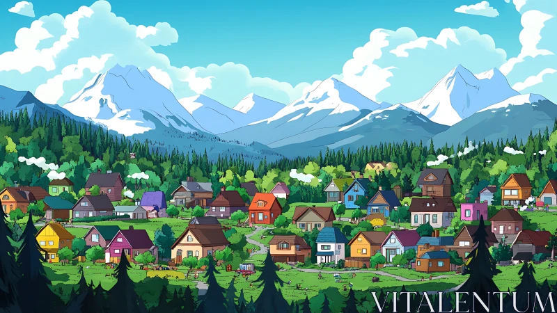 Colorful mountain village nestles cozily under bright snowy peaks