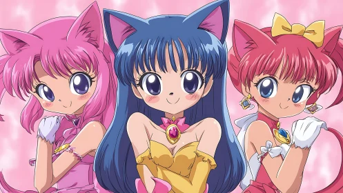 Magical catgirls pose with jeweled chokers and bright smiles.