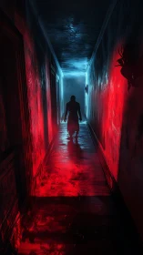 Shadowed figure walks through a chilling blood red hallway
