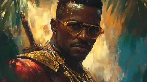 Warrior portrait shows modern hero with golden armor