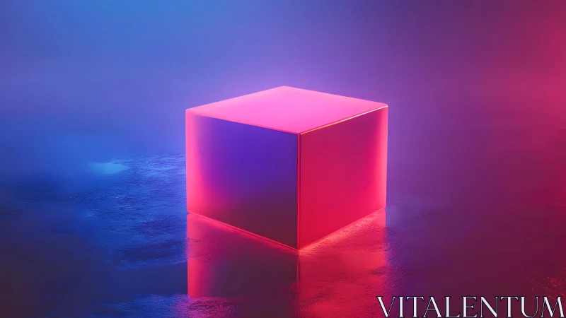 Neon pink cube in futuristic glowing environment, digital art style.