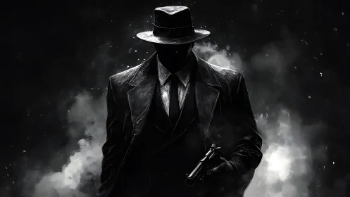 Silhouetted armed figure in trench coat amid dark smoke.