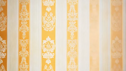 Ornate golden damask stripes on pale vertical wallpaper.