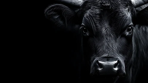 Midnight black bull meeting your steady curious gaze.