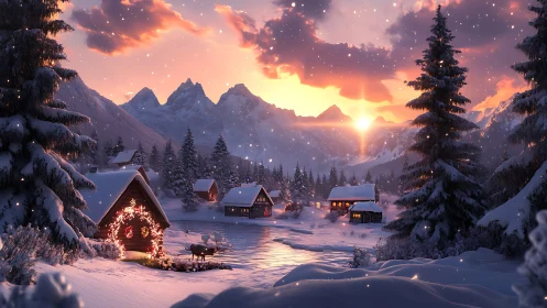 Snowy alpine village glows beneath a golden winter sunset.