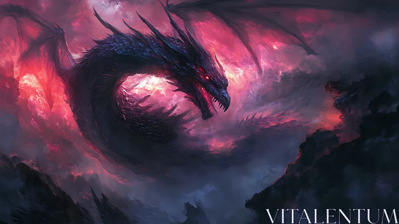 Winged dragon form in red storm cloud environment at dusk.