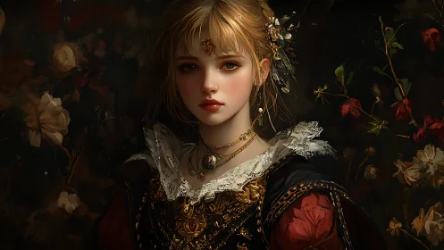 Young woman in ornate dress stands before floral backdrop