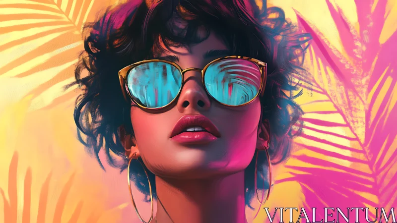 Stylized portrait of woman in sunglasses with palm backdrop.