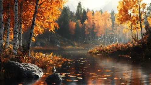 Autumn river landscape with birch trees and still water.