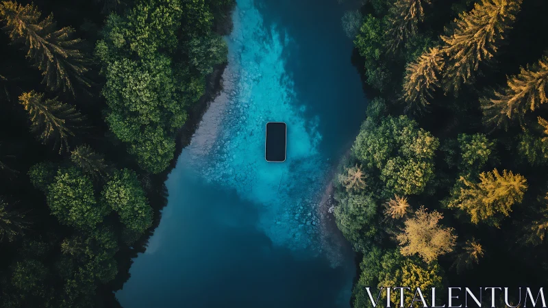 Smartphone centered over turquoise forest river aerial.