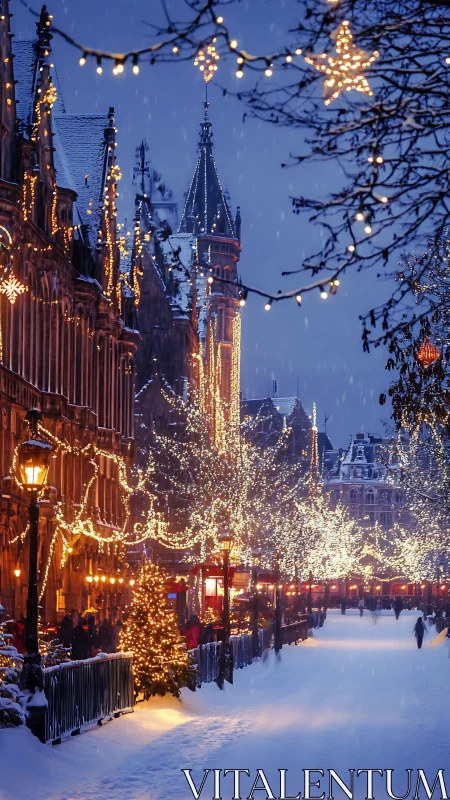 Snowy European boulevard lined with glowing Christmas lights.