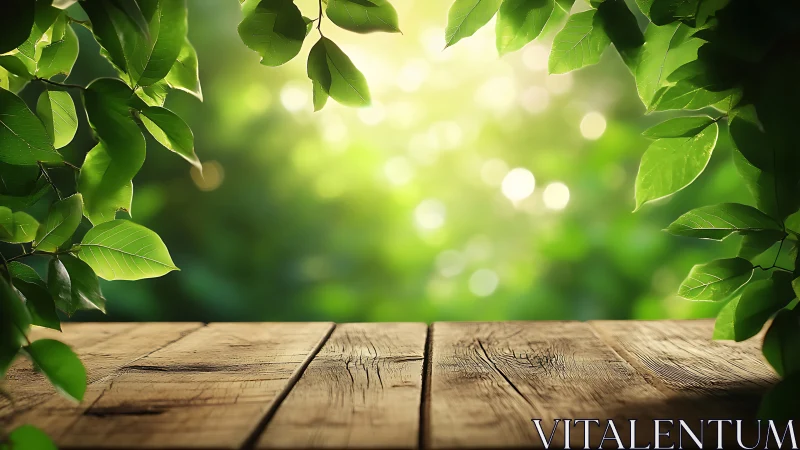 Sunlit wooden table gently rests beneath fresh green leaves
