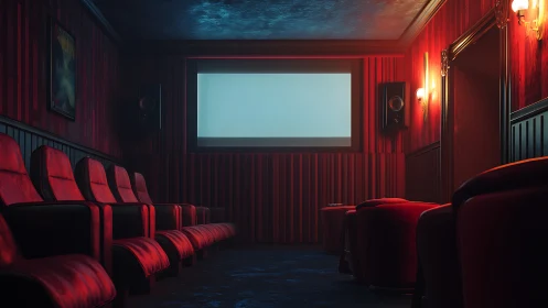Velvet-lit private cinema waits in red hush for the show.