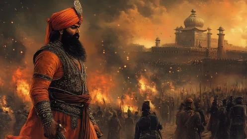 Warrior in orange robes stands before burning fortress city