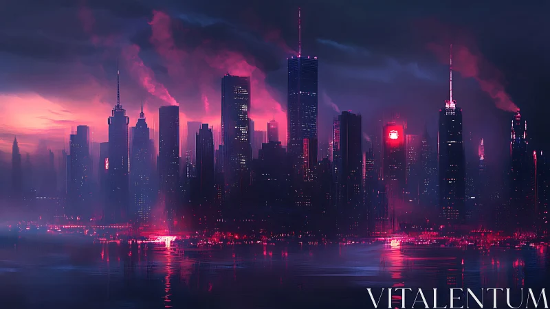 Neon dusk skyline smolders above a mirror-dark harbor.