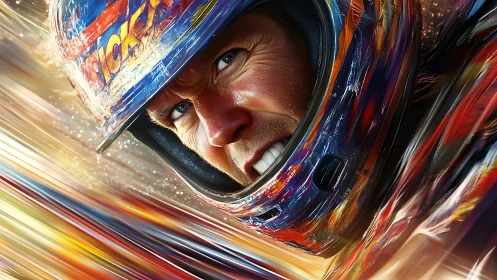 Intense race driver portrait in kinetic motion blur focus.