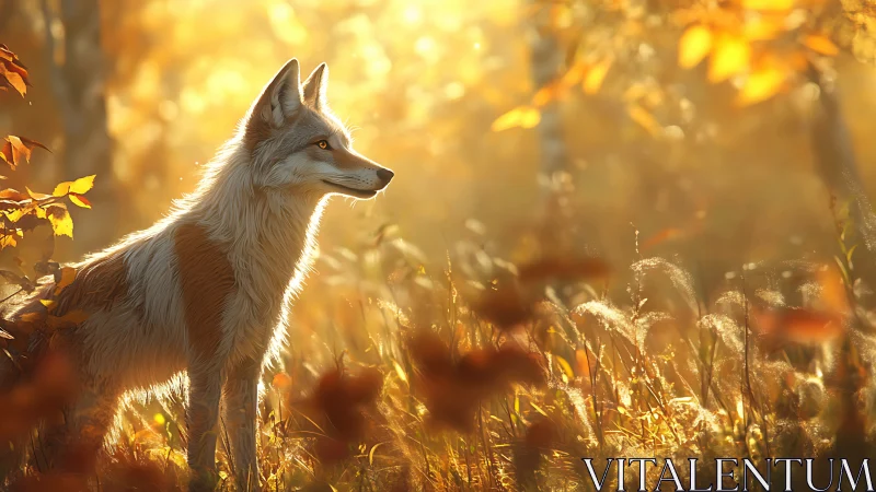 Golden autumn fox bathed in soft woodland sunrise light.