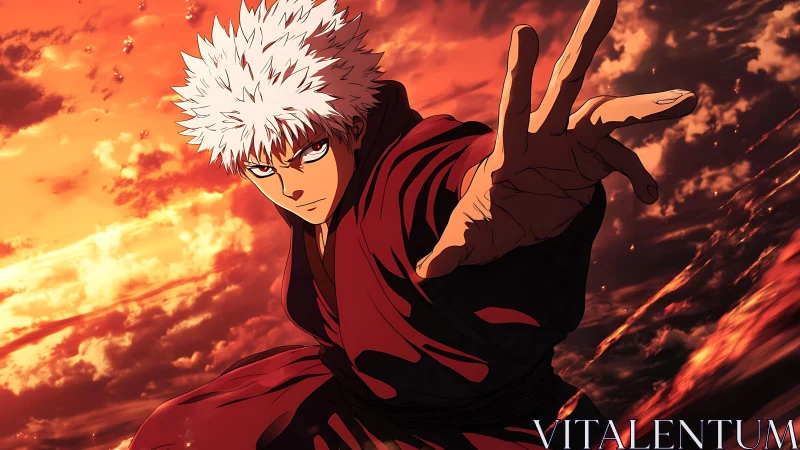 White haired anime figure extending hand against red sky.