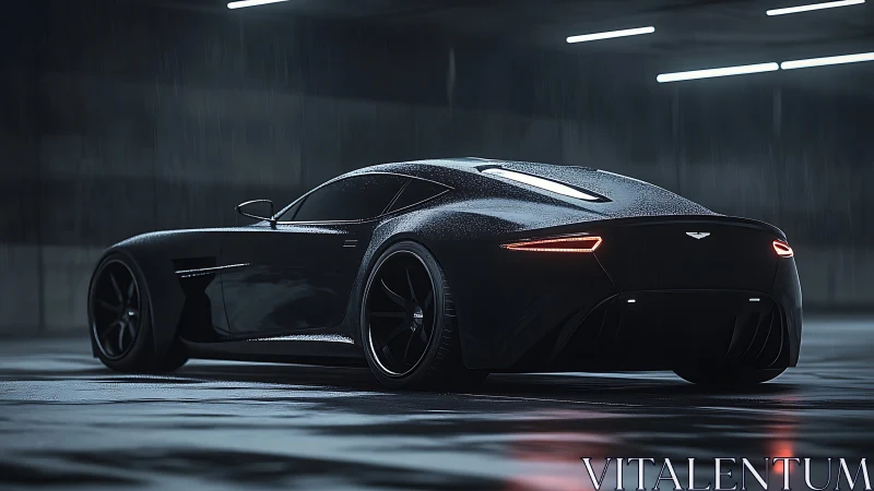 Wet black grand tourer under moody tunnel lighting in rain