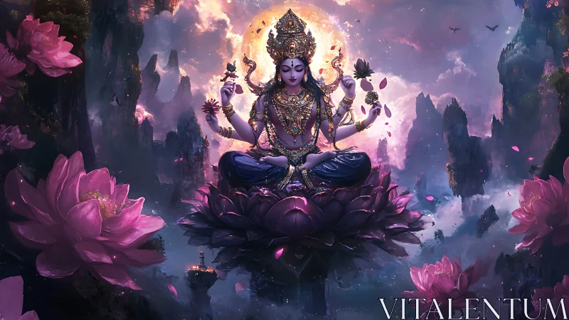 Divine lotus goddess meditating amid floating mystic peaks.
