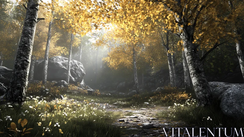 Sunlit birch forest path cuts through rocks and autumn foliage