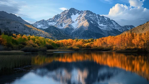 Golden autumn trees mirrored in a calm mountain lake.