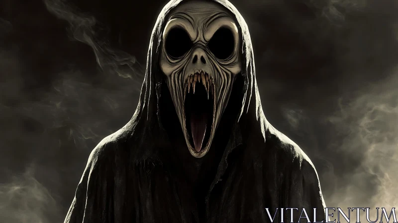 Shrouded skeletal entity with open jaw in dark atmosphere.