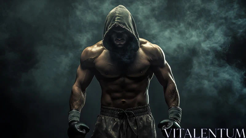 Athletic male figure in dramatic hooded stance with volumetric atmospheric lighting.