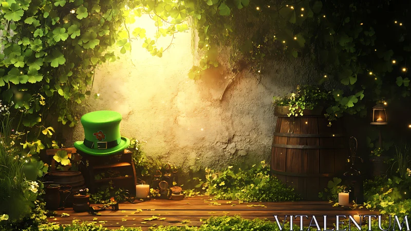 Leprechaun hat rests in glowing clover garden hideaway