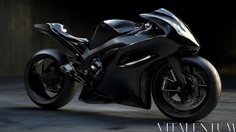 Black aerodynamic sport motorcycle in studio lighting setup.