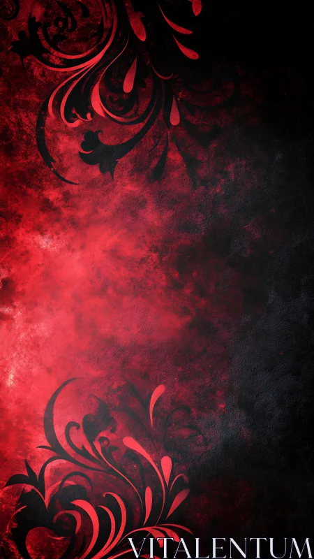 Crimson floral swirls ignite against textured dark ground.