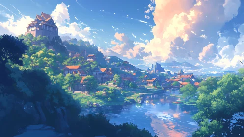 Sunlit riverside village rests below a tranquil hilltop castle