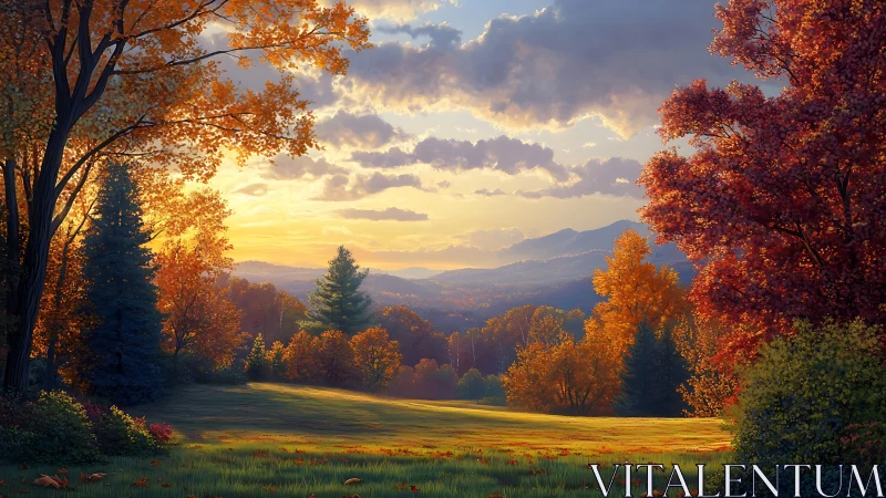 Golden autumn valley unfolds beneath a glowing sunset sky.