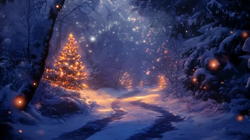 Snow-laden forest path illuminated by warm bokeh-lit fir trees