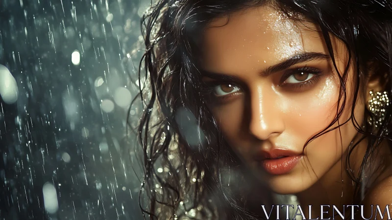 Rain-soaked portrait with intense gaze and glistening skin.