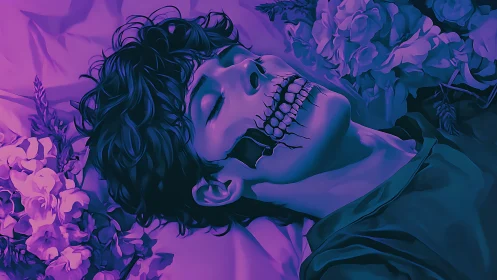 Sleeping youth with skeletal smile amid violet flowers