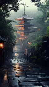 Rain-soaked stone path leads toward illuminated Japanese pagoda