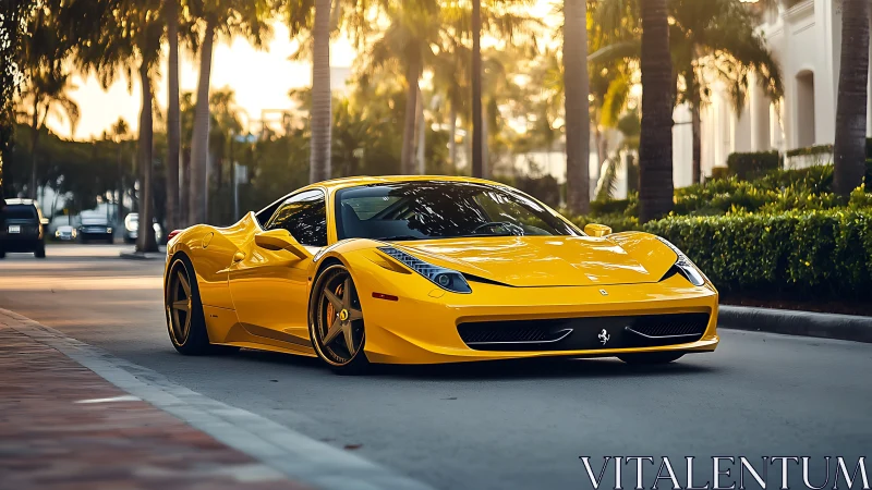 Low-slung yellow supercar on palm-lined boulevard at sunset