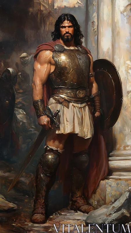 Heroic hoplite warrior in bronze cuirass and crimson cloak.