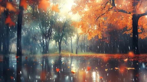 Golden autumn park glows softly under a gentle rainfall