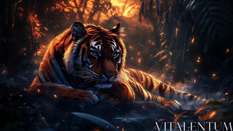 Majestic tiger rests in ember‑lit jungle twilight glow