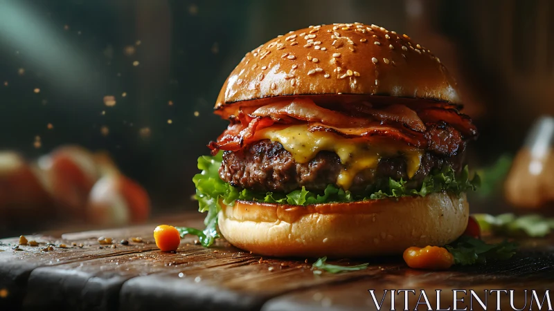 Close-up of cheeseburger with bacon on rustic wooden board.
