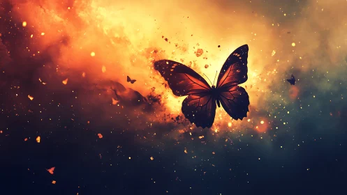 Thermal-gradient butterfly silhouette in explosive nebular field.