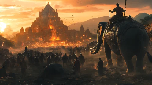 War elephant army advances on burning temple at sunset