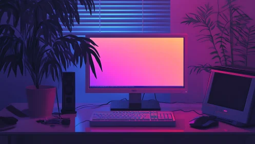 Desktop workstation under colored gradient monitor light.