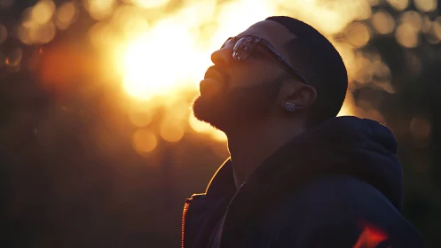 Silhouetted man in sunset backlight with warm bokeh glow.