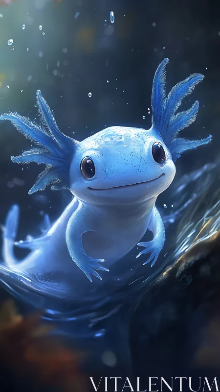Blue axolotl underwater with glowing light and droplets.