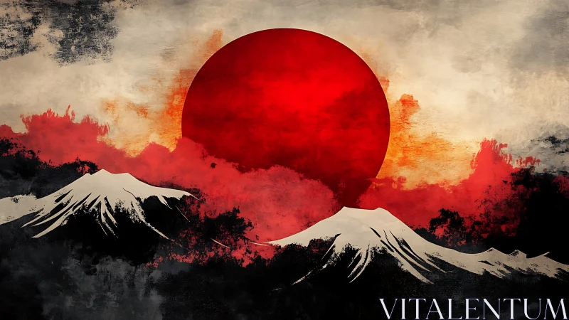 Rising crimson sun above stylized snow peaks in misty sky.